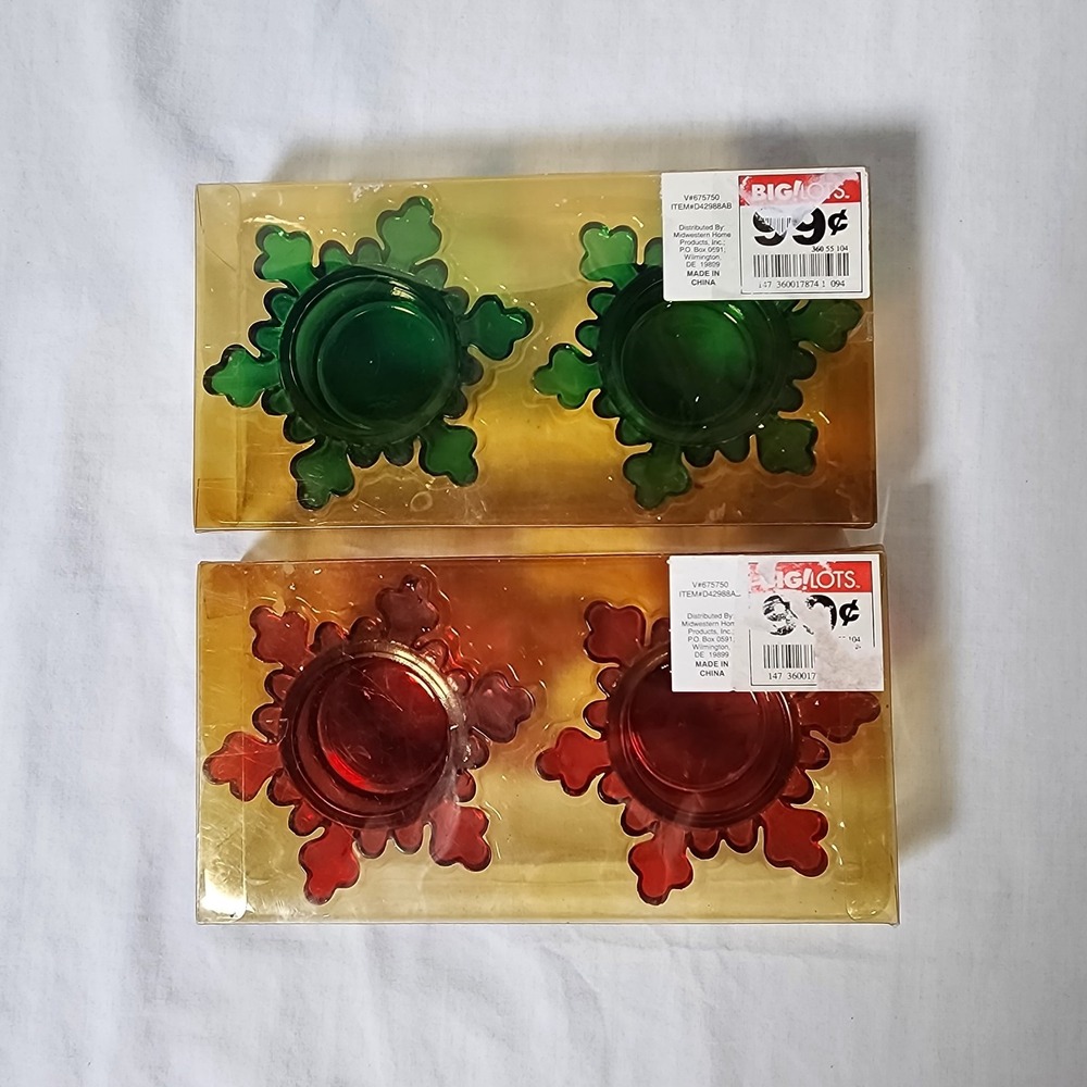Holiday Snowflake Glass Tea Light Candle Holders Green Red Lot of 2 PK Christmas